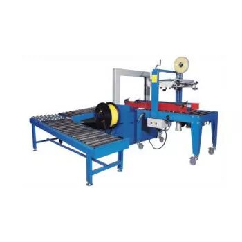 Carton Sealing & Strapping System - The TC-1786 integrated automatic packaging system, showing the carton sealer and strapping machine units connected by a conveyor.