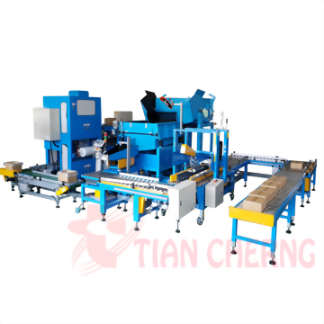 Fully Automatic Feeding, Weighing and Packing System - A blue and yellow automated packaging production line, featuring multiple conveyors and machine units, processing brown cardboard boxes, set against a white background.