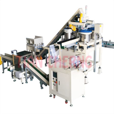 混合產品充填製袋系統 - TC-900 自動混合產品充填製袋系統正面視圖,此為一台通過 CE 認證的包裝機。