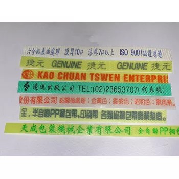 印刷 PP 捆包帶 - 一捲印有藍色標誌文字的客製化印刷 PP 捆包帶，展示品牌和安全特性。