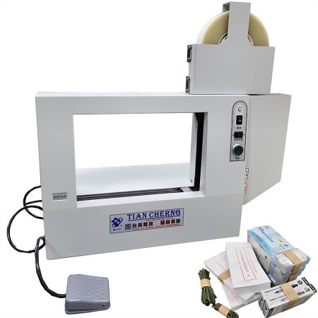 Mini Table Strapping Machine - Front view of the compact Mini Table Strapping Machine with a strapping roll installed, designed for desktop use.
