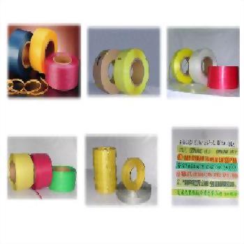 A grid of six images displaying various colorful PP strapping bands, mostly as rolls, presented in different arrangements and vibrant hues.