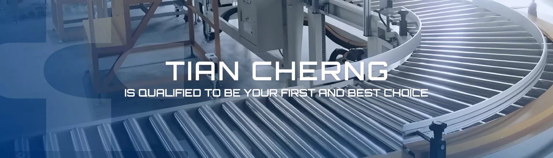 A banner showcasing Tian Cherng's industrial packaging machinery and conveyor systems, representing their product catalogs.