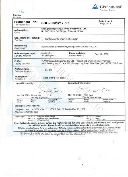 EN263 Saniware Sheet Test Report Page 1
